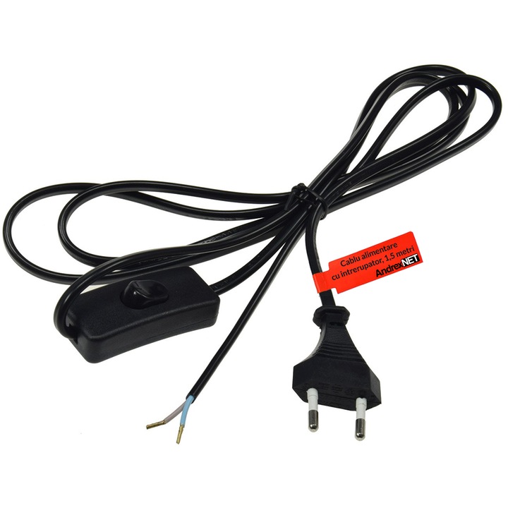 Cablu alimentare cu stecher Euro si intrerupator, 1,5 metri, negru