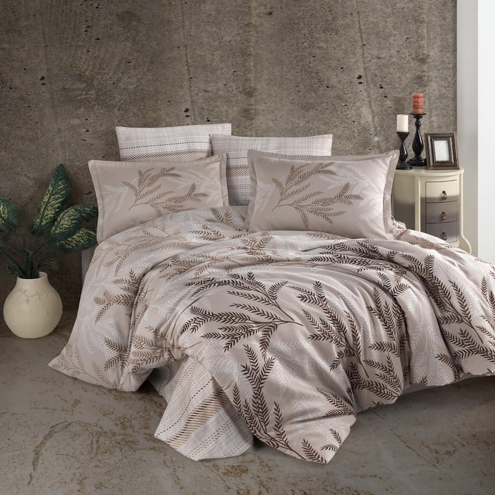 Спално бельо Clasy ALISA, Луксозен сатен, 100% памук, 4 части, king size, 240 x 260 cm, щампа на клонки, бежово