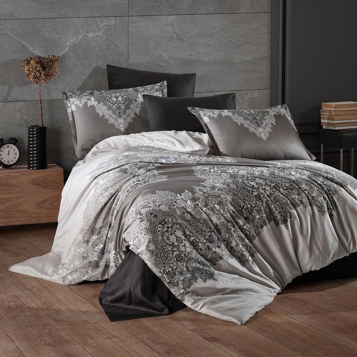 Спално бельо Lux Satin 100% памук 4 части king size 240 x 260 cm, Modern, Сив/Черен, Classy NOLDOR