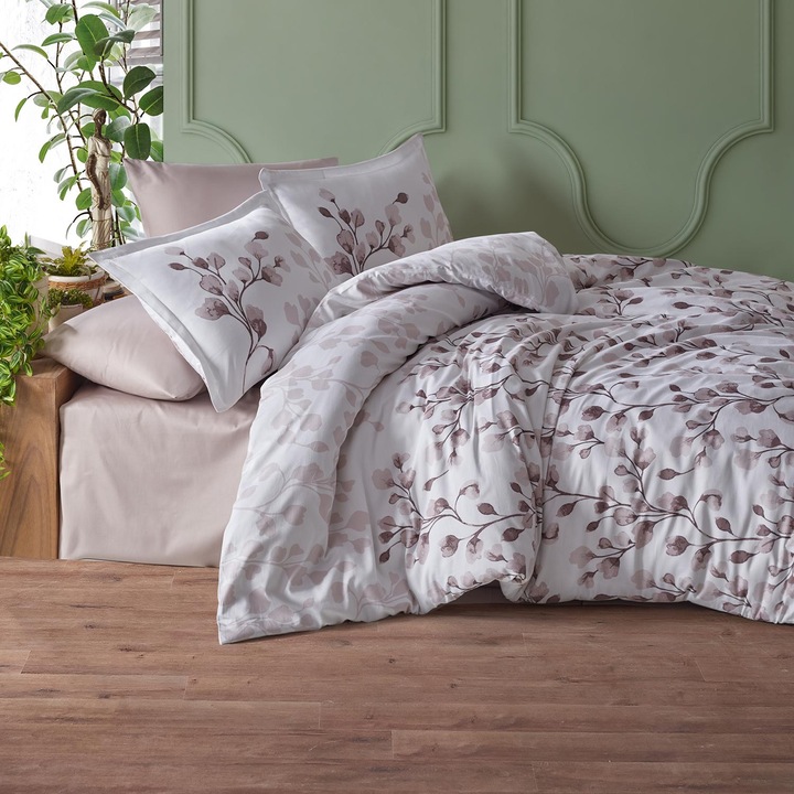 Prémium lenvászon Lux Szatén 100% Pamut 4 db king méretű 240 x 260 cm, Gallyak, Fehér Pink, Classy PUHA V2