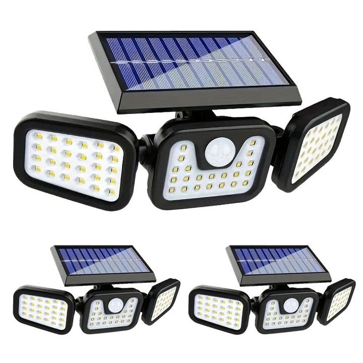 Комплект от 3 тройни лампи със соларен заряд, 74 x LED SMD, NEXTLY, със сензор за движение и светлина, регулируеми рамена, 3 режима на работа, черни