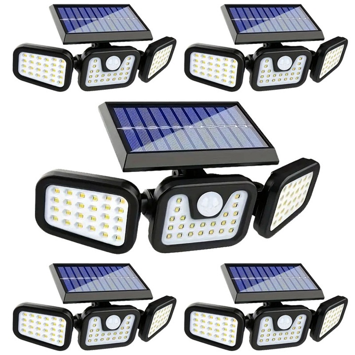 Комплект от 5 тройни лампи със соларен заряд, 74 x LED SMD, NEXTLY, със сензор за движение и светлина, регулируеми рамена, 3 режима на работа, черни