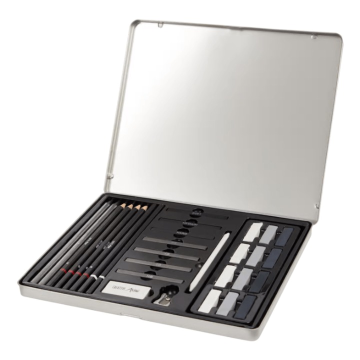 Комплект от 30 инструмента за рисуване, Creative Craft Group, моливи, острилки, гуми, черно/сребристо