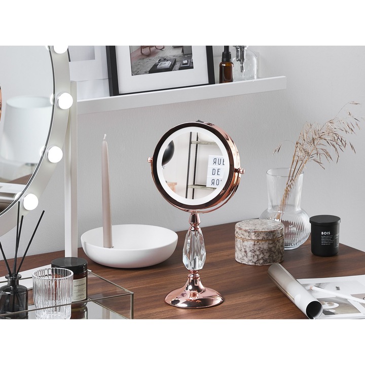 Rosegold sminktükör beépített LED világítással ø 18 cm MAURY