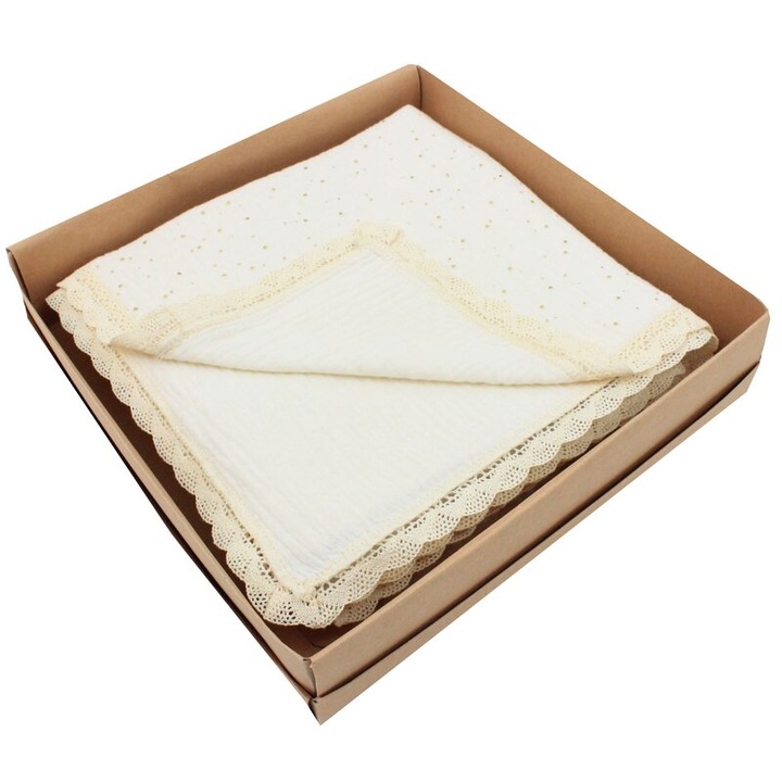 Paturica muselina, Metalic dots cu dantela, ivory, 100x80 cm
