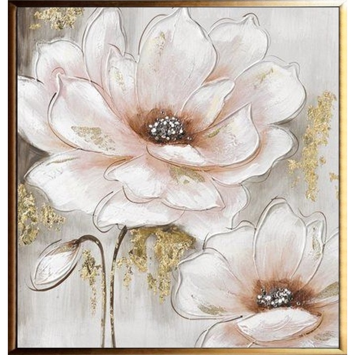 Tablou pictat manual ulei pe panza, tehnica texturata, 80x80cm, Flori albe de camp, Roz pudrat, Auriu, Gri