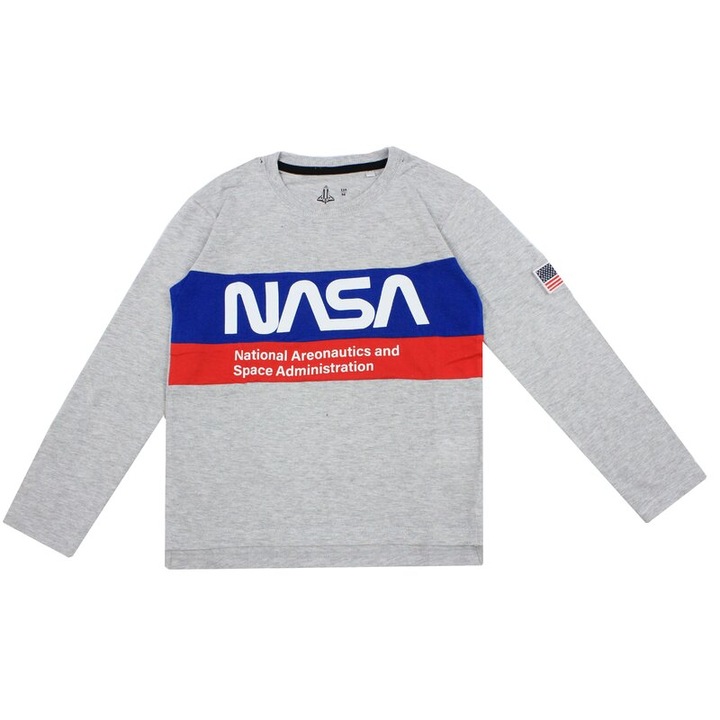 Bluza maneca lunga, bumbac, cu imprimeu, Nasa, gri