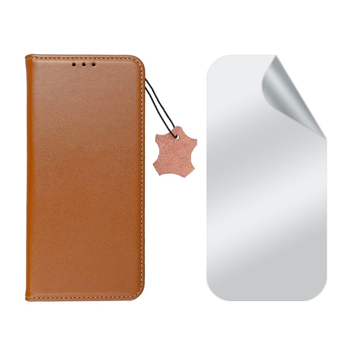 Комплект самовъзстановяващ Clear протектор от хидрогел и флип калъф от естествена кожа, За Apple iPhone 11, издръжлив, джоб за карти, висока прозрачност, функция стойка, магнитно затваряне, за дисплей и гръб, Кафяв