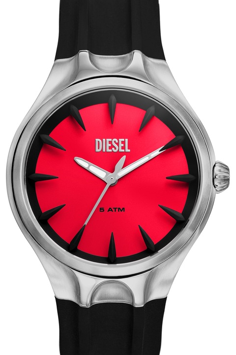 Diesel, Часовник от неръждаема стомана със силиконова каишка, Черен, Червен, Сребро