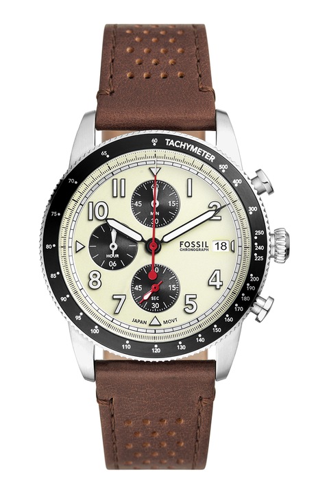 Fossil, Часовник с хронограф с кожена каишка, Сребрист, Кафяв