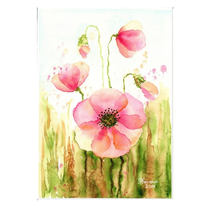 Festmény, Hajnalvirágok, akvarell papíron, kézzel készített 2019-ben, keret nélkül, 21 x 29 cm