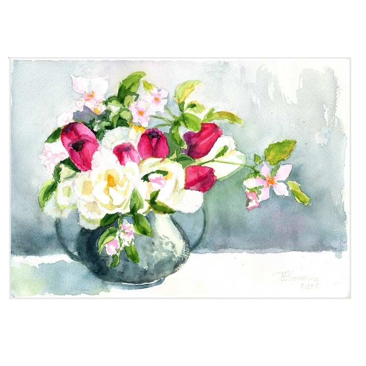 Tablou Flori de camp, realizat manual in 2021, acuarela pe hartie, neinramat, 21x 29 cm