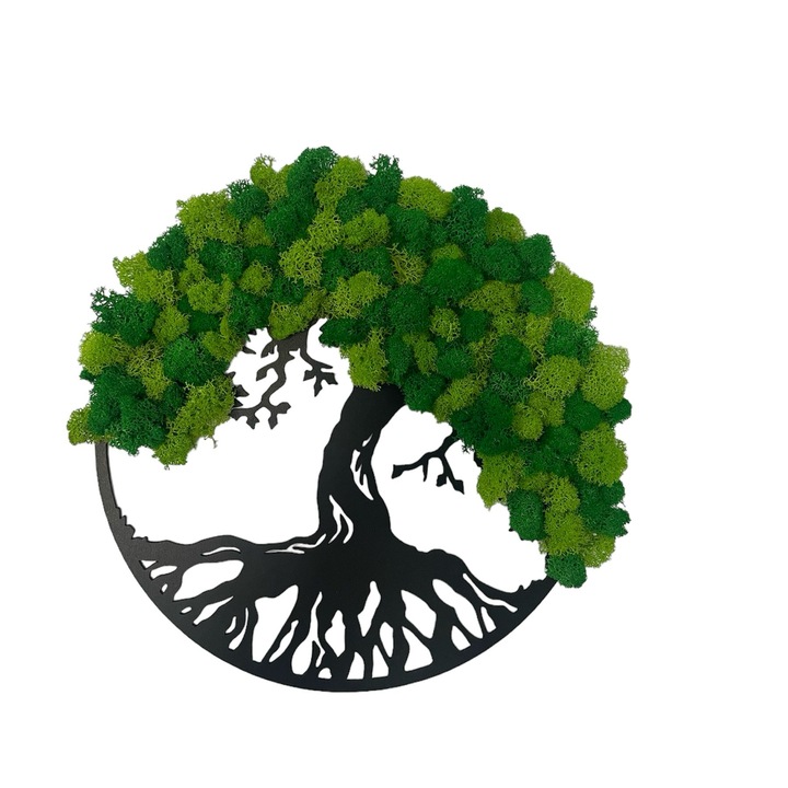 Tablou copacul vietii decorat cu licheni naturali stabilizati, culoare verde inchis/verde deschis, diametru 30 cm, negru