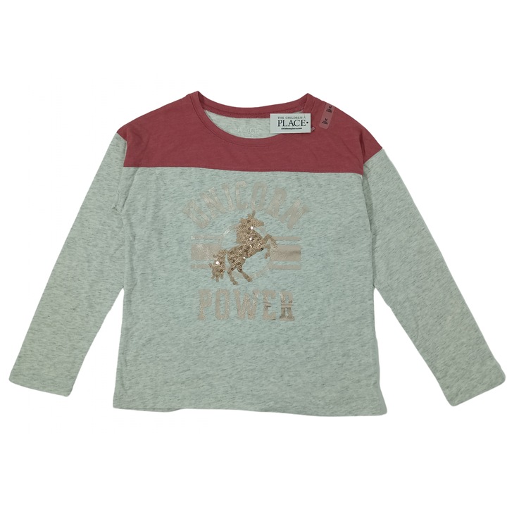 Bluza fete maneca lunga, The Children's PLACE, Unicorn power, Bumbac si poliester, 7-8 ani, M, 1810, Multicolor, 122-128 CM