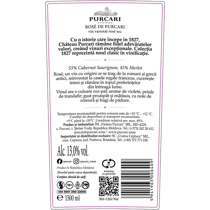 Vin Rose Purcari, Sec, 1.5l