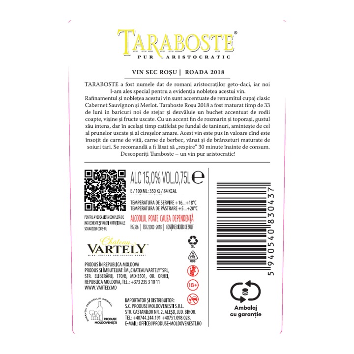 Vin Rosu Chateau Vartely Taraboste Rosu, Cabernet Sauvignon & Merlot, Sec, 0.75l