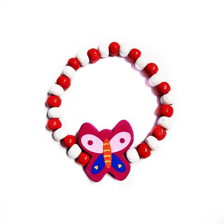 Bratara copii elastica, cu charm fluture roz fucsia si margelute din lemn, model 2