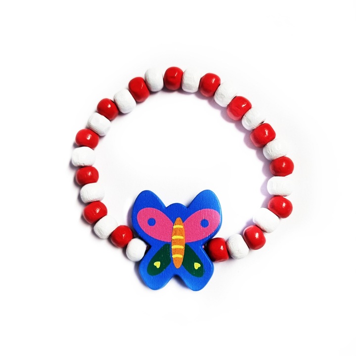 Bratara copii elastica, cu charm fluture albastru cu roz si margelute din lemn, model 3