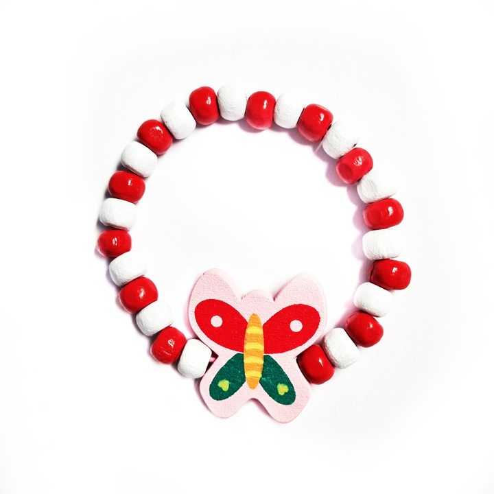 Bratara copii elastica, cu charm fluture roz si margelute din lemn, model 5