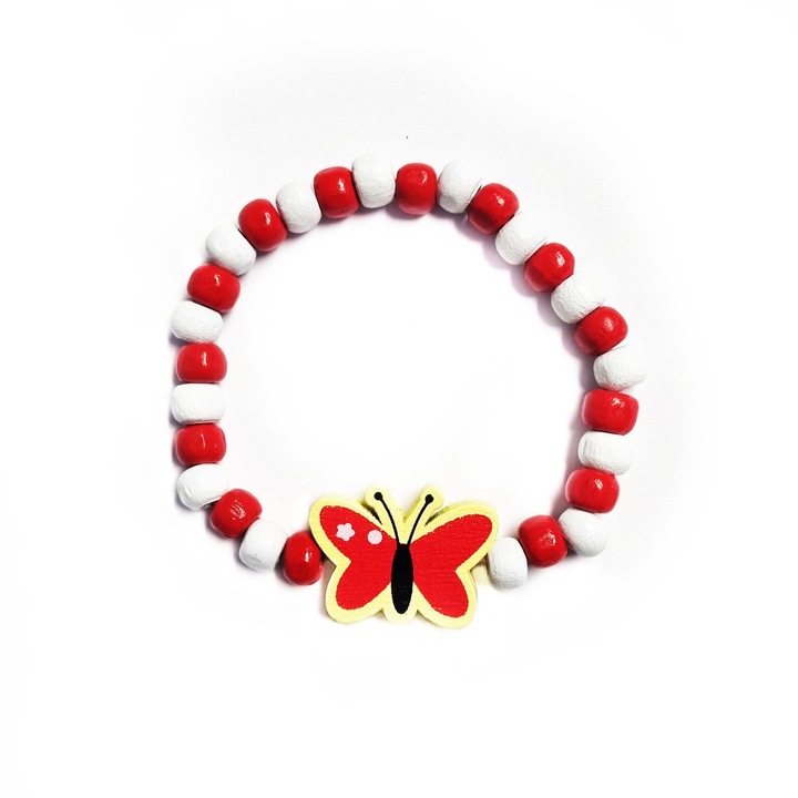 Bratara copii elastica, cu charm fluture rosu cu galben si margelute din lemn, model 7