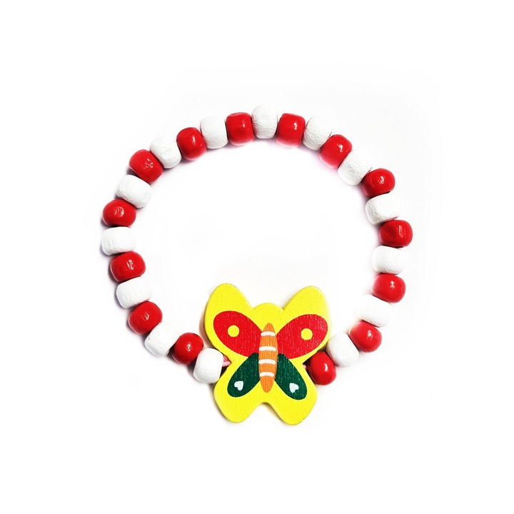 Bratara copii elastica, cu charm fluturas galben colorat si margelute din lemn, model 12
