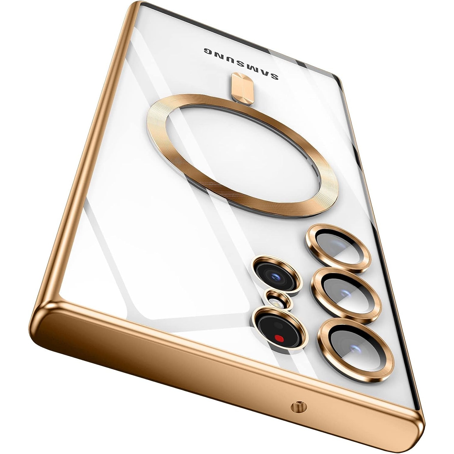 Husa compatibila cu Samsung Galaxy S23 Ultra, ALC MOBILE, pentru telefon mobil cu protectie pentru camera, Tehnologie MagSafe, rezistenta la socuri, contur Gold