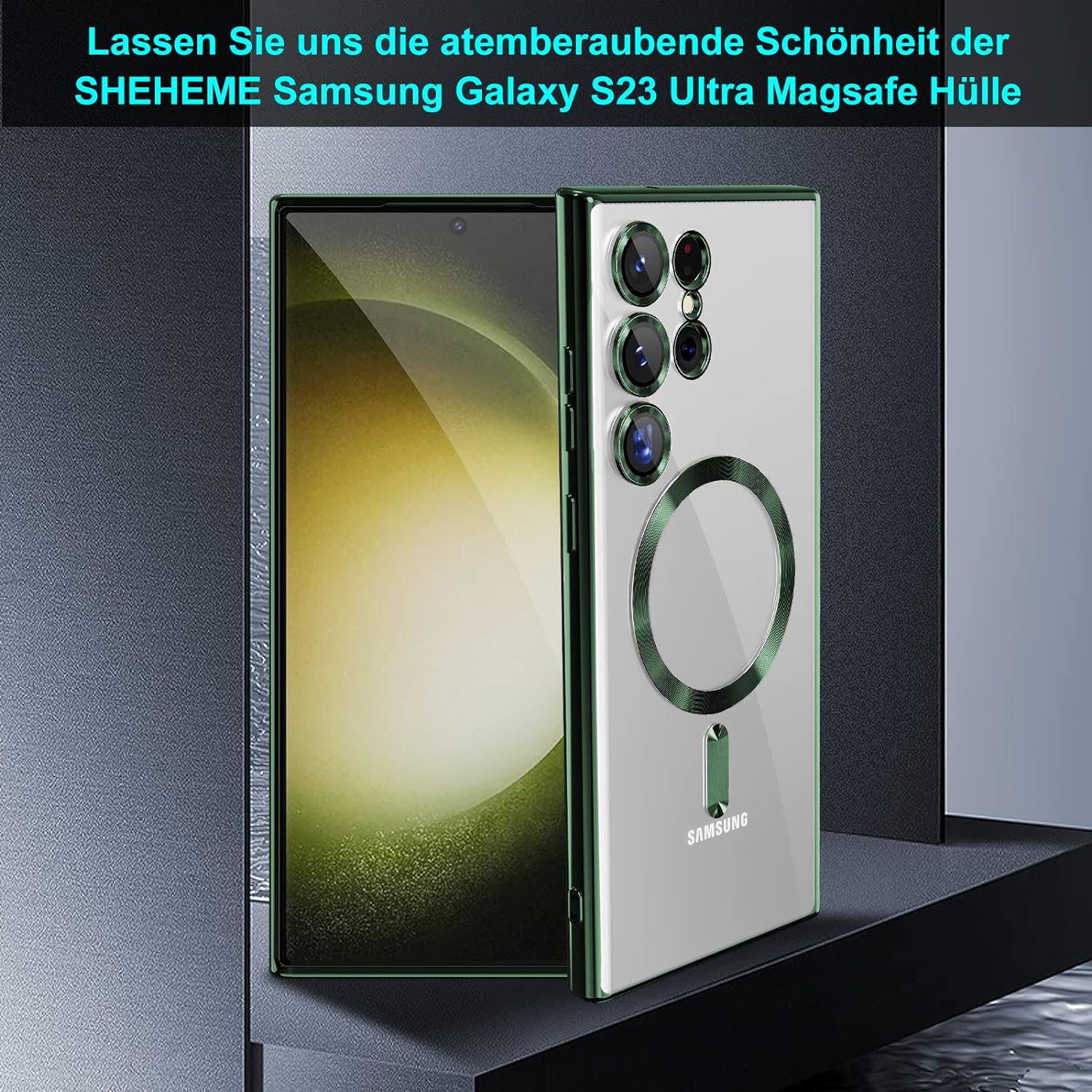 Husa compatibila cu Samsung Galaxy S23 Ultra, ALC MOBILE, pentru telefon mobil cu protectie pentru camera, Tehnologie MagSafe, rezistenta la socuri, contur Verde