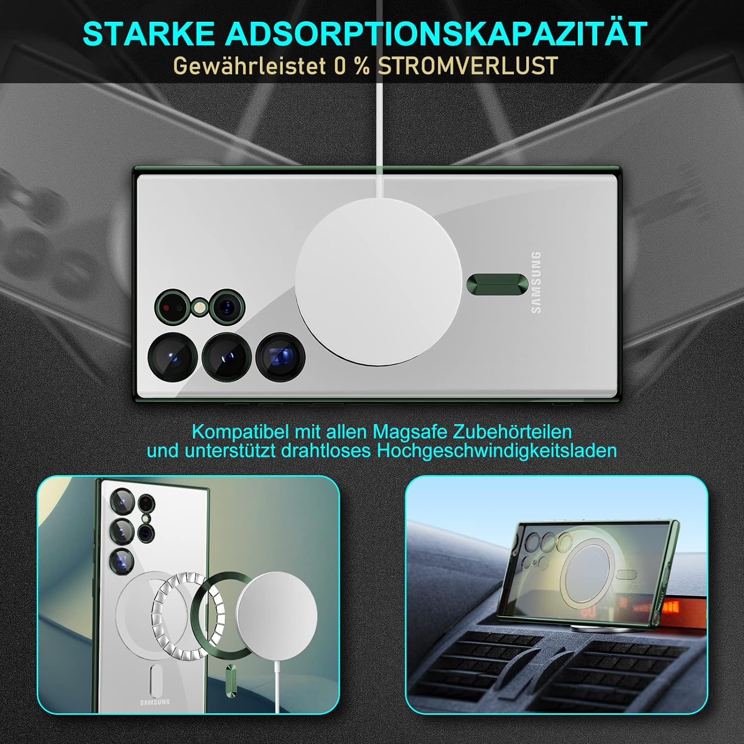 Husa compatibila cu Samsung Galaxy S23 Ultra, ALC MOBILE, pentru telefon mobil cu protectie pentru camera, Tehnologie MagSafe, rezistenta la socuri, contur Verde