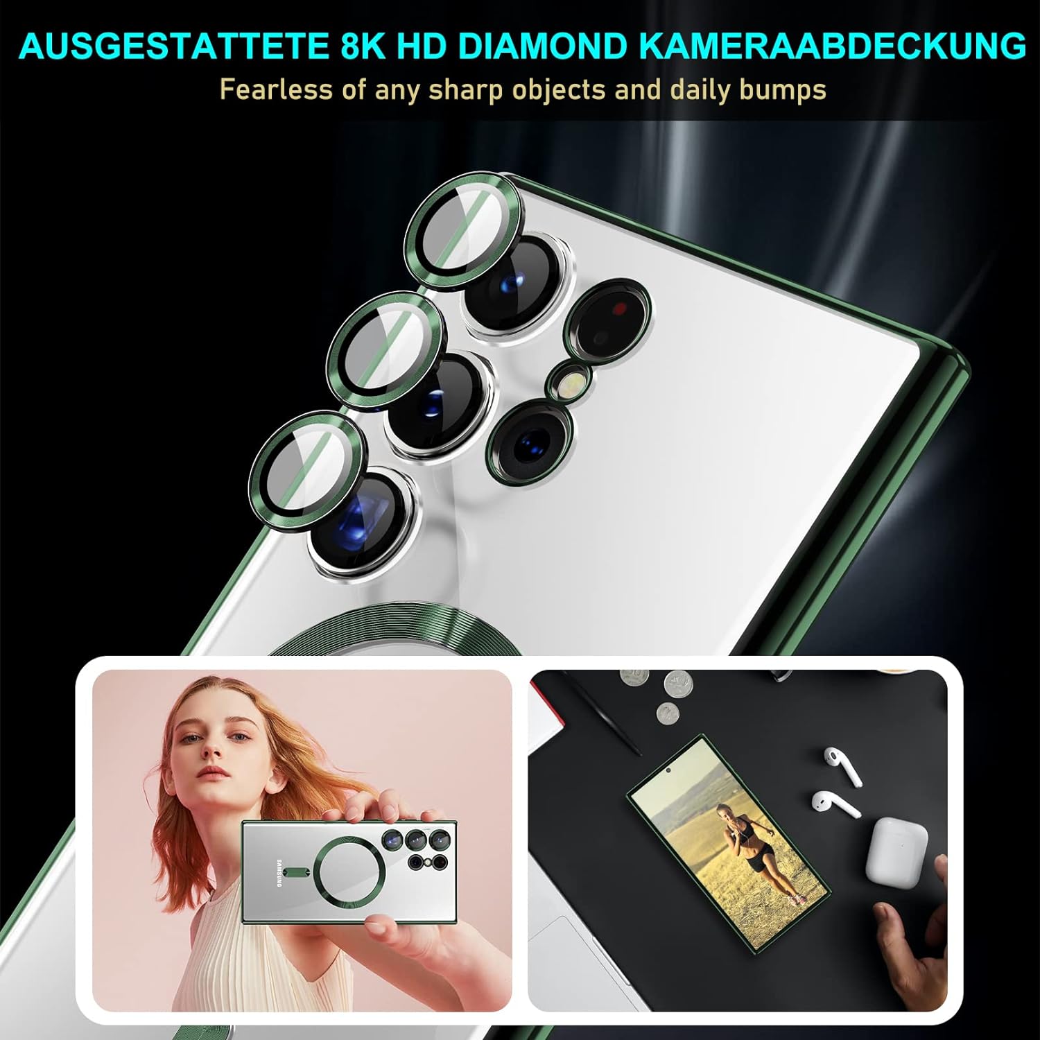 Husa compatibila cu Samsung Galaxy S23 Ultra, ALC MOBILE, pentru telefon mobil cu protectie pentru camera, Tehnologie MagSafe, rezistenta la socuri, contur Verde