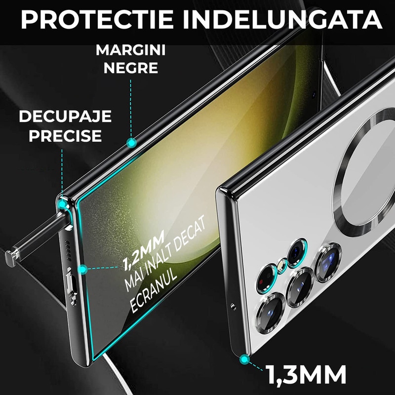 Husa compatibila cu Samsung Galaxy S23 Ultra, ALC MOBILE, pentru telefon mobil cu protectie pentru camera, Tehnologie MagSafe, rezistenta la socuri, contur negru
