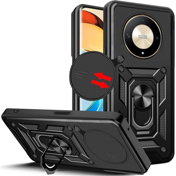Калъф за Honor Magic 6 Lite Anti-Shock Rugged с въртящ се пръстен, Ring Armor Kickstand, с плъзгач за защита на обектива, Aiyando, черен