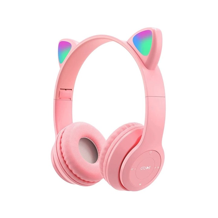 Безжични слушалки NEXTLY котешки уши, сгъваеми, регулируеми, LED светлини, bluetooth 5.0, жак кабел, TF карта, Handsfree, розови