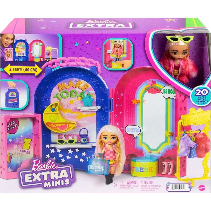 Set papusa si accesorii Mattel, Barbie, Extra Minis, Plastic, Multicolor