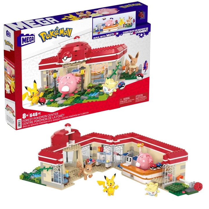 Set de constructie cu 4 figurine Mega Bloks, Pokemon Fun Center, Multicolor, 648 piese