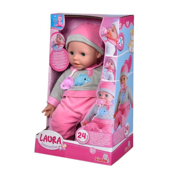 Интерактивна играчка бебе, Simba, Laura, Гума/Текстил, 24 звука, 2 години+, Многоцветна