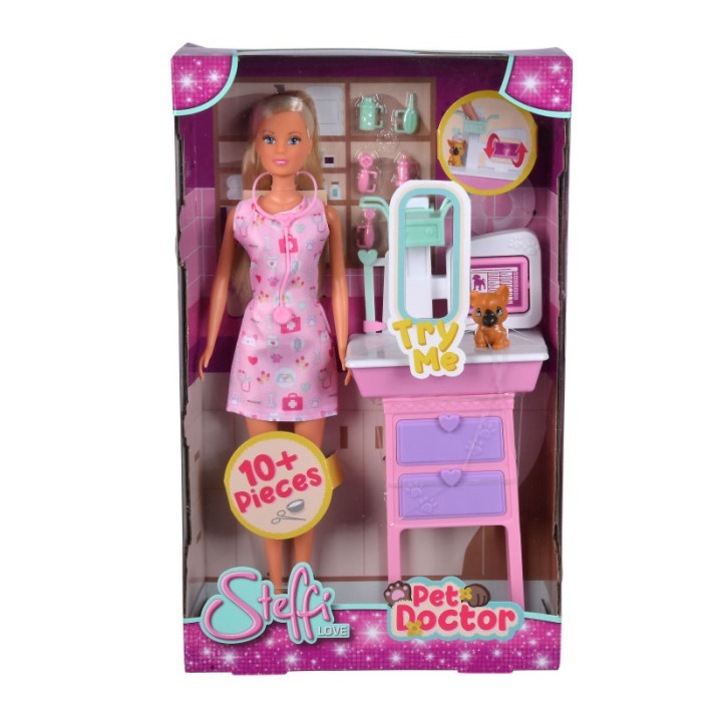 Set papusa veterinar/accesorii, Simba, Steffi, Plastic, 29 cm, 4 ani+, Multicolor