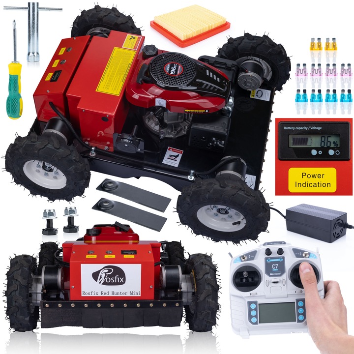 masina de tuns iarba, Rosfix Red Hunter Mini, 7.6CP, 196cc, 4x4, control la distanta, 1100x890x410mm