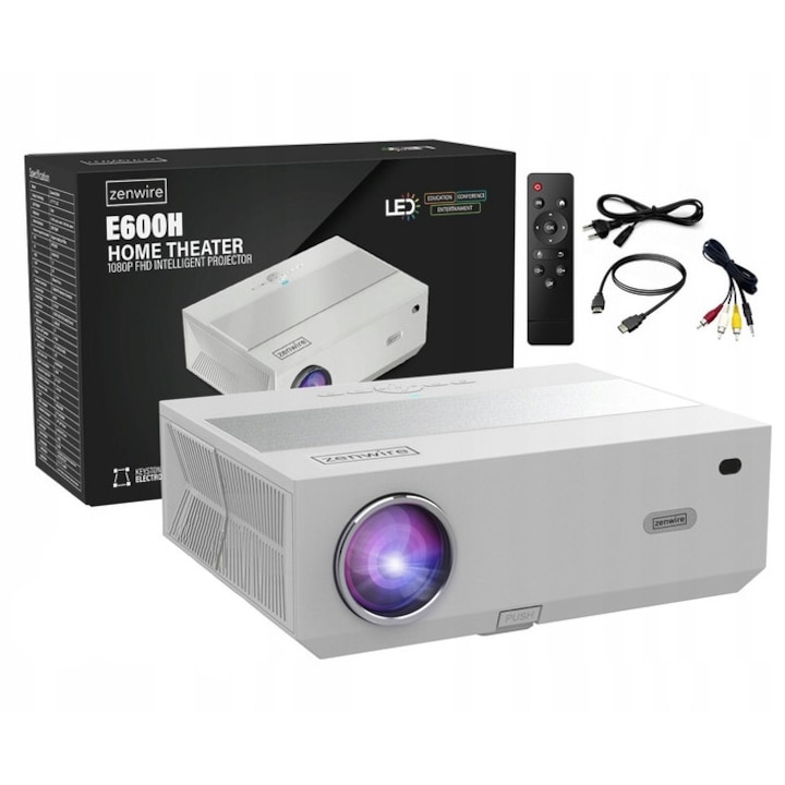 Videoproiector Zenwire e600H, Android 9.0, SMART TV, Full HD, 4K, 13500lm, 450 Ansi, 5000:1, WiFi 2.4/5 GHz Miracast Aircast Bluetooth 5.1 AutoKeystone