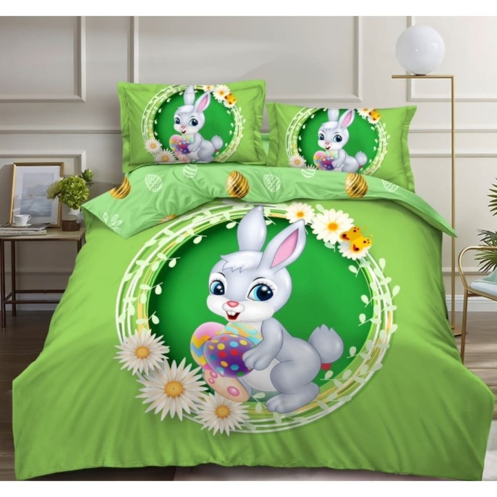 Lenjerie de pat, Finet, 4 piese, 2 persoane, 230x250cm, Imprimeu Happy Easter M4, Multicolor