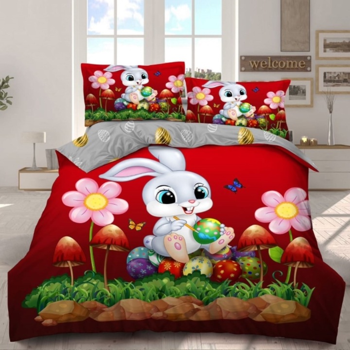 Lenjerie de pat, Finet, 4 piese, 2 persoane, 230x250cm, Imprimeu Happy Easter M8, Multicolor