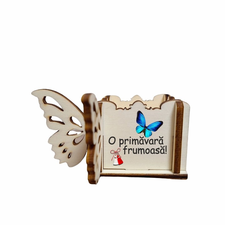 Cutie Mini Aranjamente Florale, Lemn, Fluture, 1 Martie, 10x10x5 cm, CAUV072