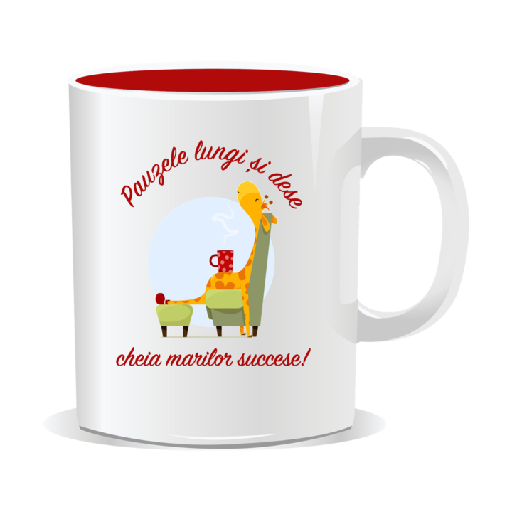 Cana personalizata cu mesaj amuzant, Pauzele lungi si dese cheia marilor succese, 330ml, interior rosu