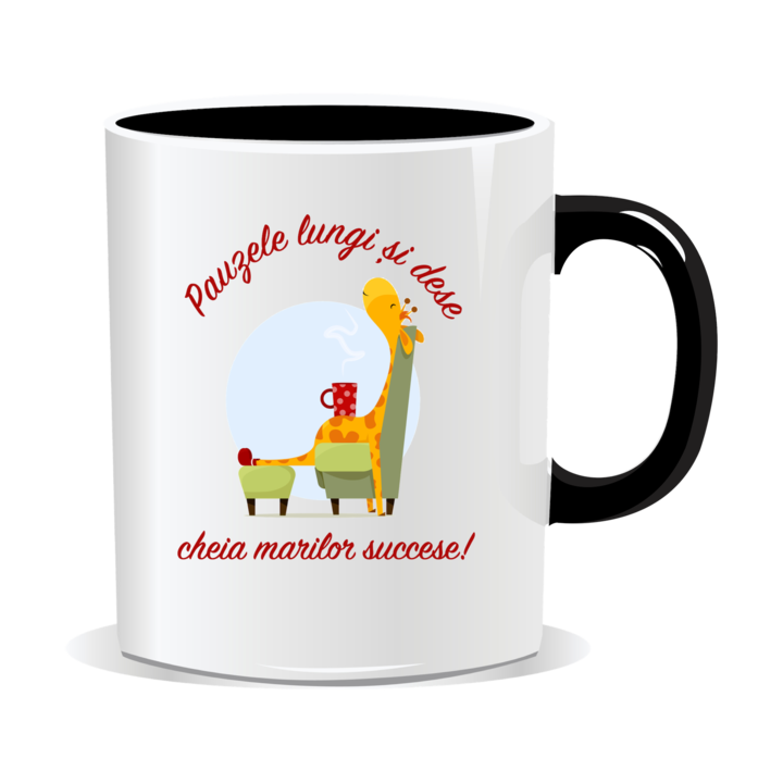 Cana personalizata cu mesaj amuzant, Pauzele lungi si dese cheia marilor succese, 330ml, interior negru