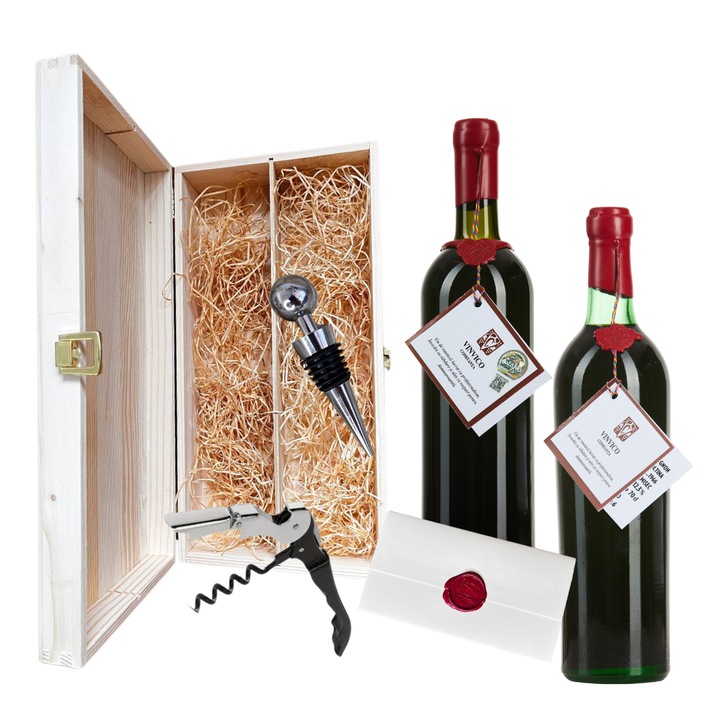 Pachet cadou Premium cu vinuri de colectie Merlot 1997 si Feteasca Neagra 1998 cu dop sticla de vin si tirbuson in cutie din lemn