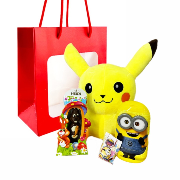 Pachet The Joy pentru copii cu jucarie de plus Pikachu, Sampon/Gel de dus 2in1 Minions si iepuras de ciocolata cu lapte Heidi, VELVE