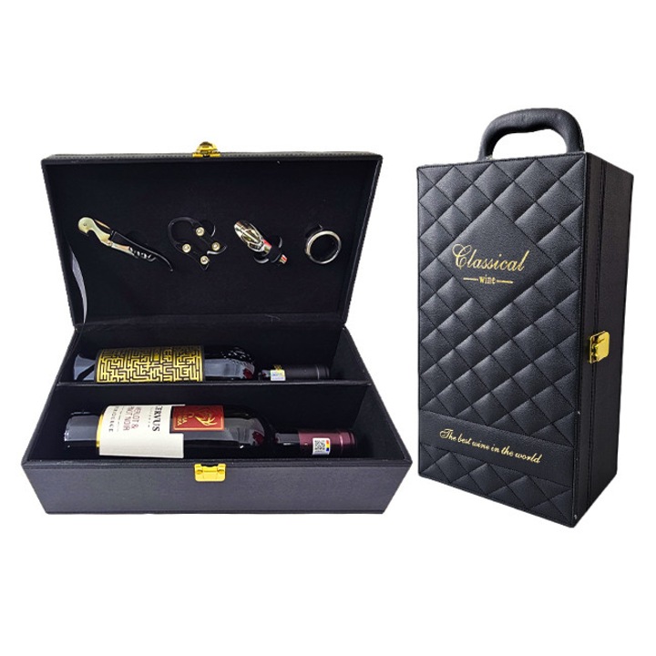 Set cu caseta eleganta din piele ecologica, cu maner si patru accesorii de vin, model vintage si doua sticle de vin Jidvei si Merlot&Pinot Noir, 2 x 750 ml, VELVE