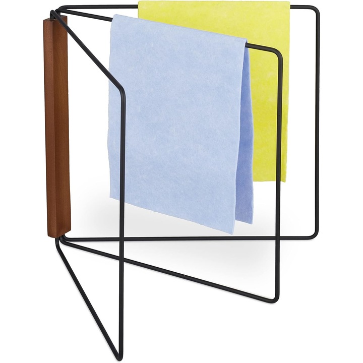 Suport lavete de bucatarie, Relaxdays, Metal/Lemn, Pliabil, Negru/Maro