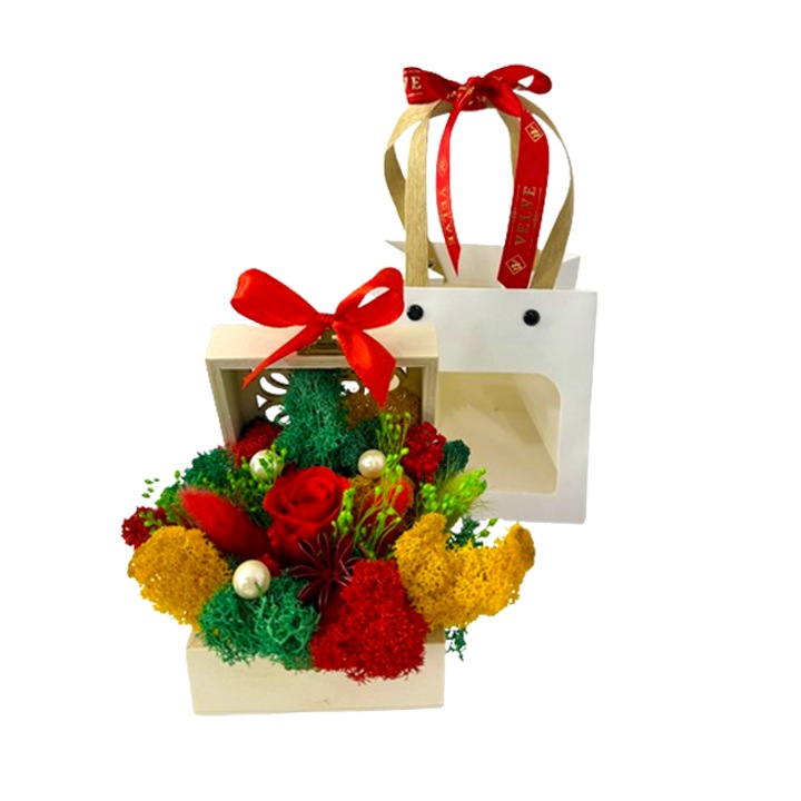 Aranjament floral Goodliness in punga cadou, cu trandafir criogenat, lagurus natural, licheni stabilizati, perle si broom, in cufar din lemn, cu funda, Rosu, VELVE