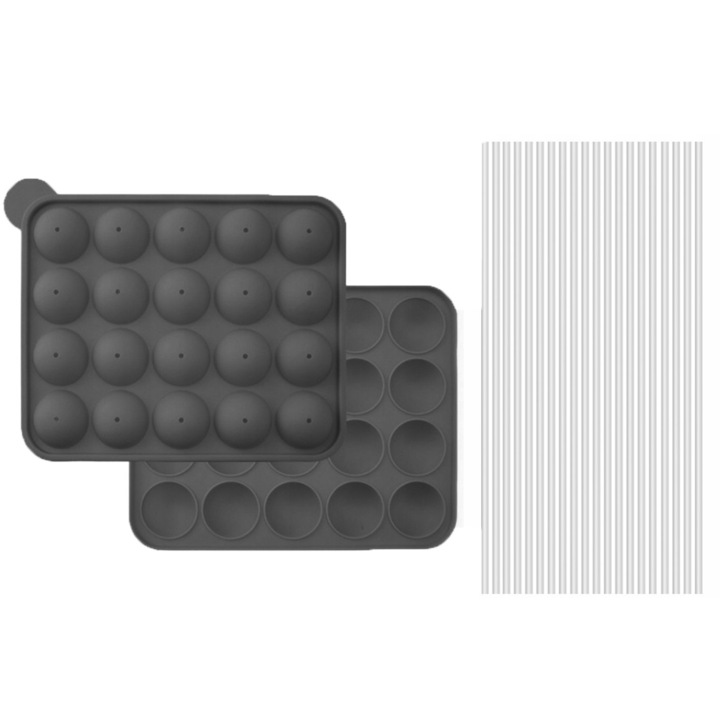 Forma de silicon pentru Cake Pops si bomboane din ciocolata, Zola®, 20 de bile, 20 betisoare incluse, silicon, 22.5 x 18.5 x 4 cm, gri
