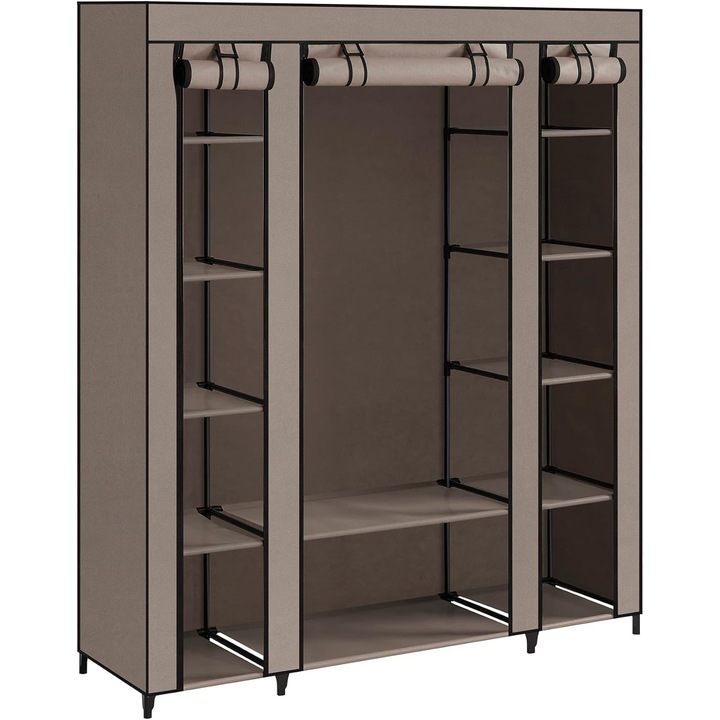 Dulap de depozitare, cadru metalic, husa textil, 12 compartimente, 1 sina pentru umerase, 45 x 150 x 175 cm, crem